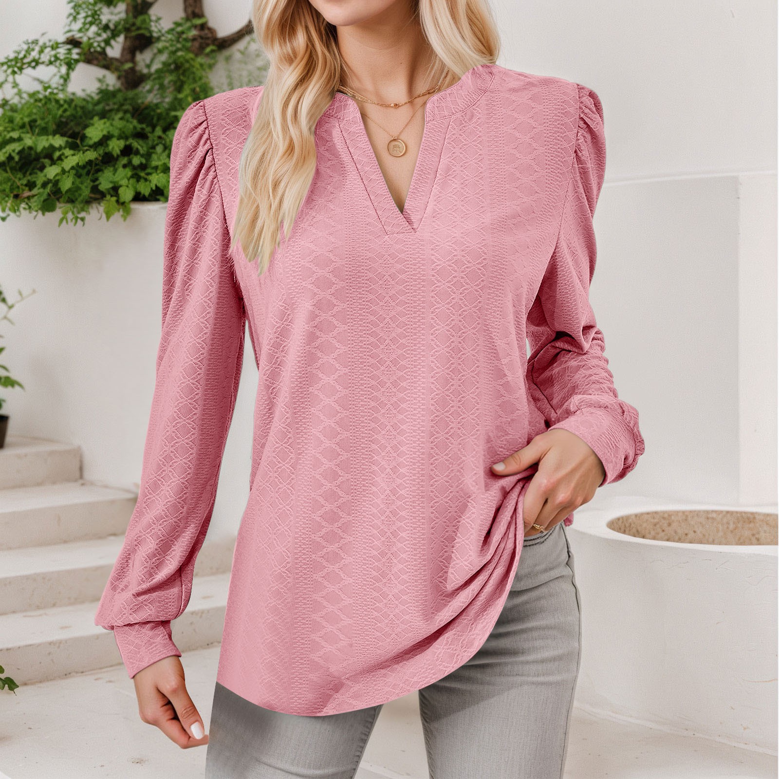 thumbnail image 2 of Top de manga larga con cuello en V y tejido jacquard para mujer - Camiseta holgada de color liso, 2 of 6
